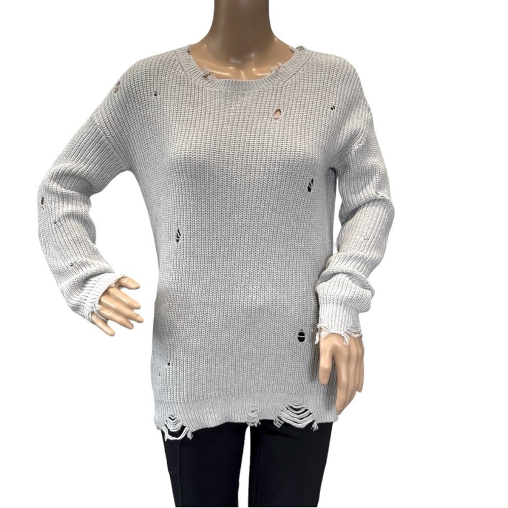Anthropologie One Grey Day Cotton Cashmere Distressed Fraying Knit Sweater Sz XS